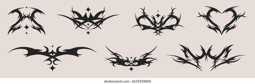 Neo tribal tattoo signs set isolated on background. Vector realistic illustration of gothic black ink symbols, abstract shape grunge streetwear decor, punk style ornament, street art graffiti elements
