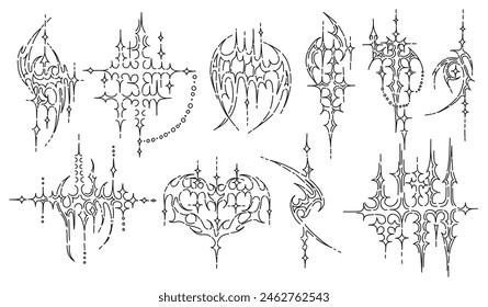 Neo tribal tattoo style shapes. Cyber sigilism spikes and sparks for streetwear print designs, spiky y2k aesthetic vector set of gothic tattoo, cyber tribal illustration