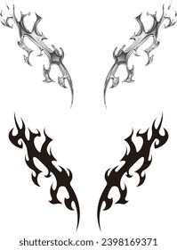 Neo-Stamm-Tätowierung , Vektor keltisch-gotische Cyber-Körper-Ornament-Formen Kit, abstraktes hawaiianisches Zeichen. Maori Ärmelsymbol y2k Polynesischer Metal abstrakter Symmetrietrieflügel. Säureartige Neostammende Formen.