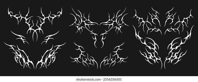 Neo tribal tattoo vector set. Neotribal gothic butterfly with wings, flame, heart, womb, symmetrical abstract dividers. Cyber sigilism y2k design elements. Celtic gothic body ornaments, emo stickers