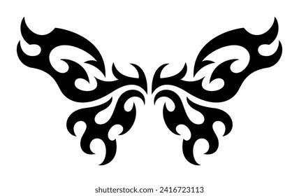 Neo Tribal Tattoo Wings. Y2K Tattoo Butterfly. Vector Black Gothic Element in Cyber Sigilism 2000s Style for Poster, T-shirt Print, Stickers, Web Design, Social Media