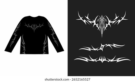 Design de vetor estilo tatuagem tribal em branco na camisa de manga longa preta. ousado e agressivo olhar ideal para os amantes de moda de rua ou alternativa.