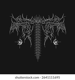 Neo tribal vector design with symmetrical freehand shapes in cyber sigilism style, perfect for streetwear, tattoos, and digital occult aesthetics