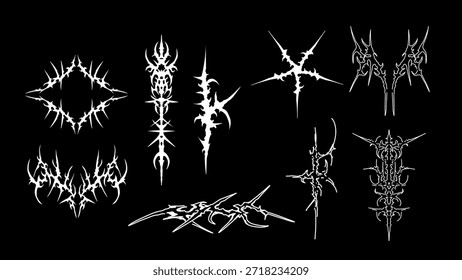 Elemento de Vector tribal neo, patrón blanco y negro abstracto gótico cibernético, diseño dibujado a mano de sigilismo cibernético