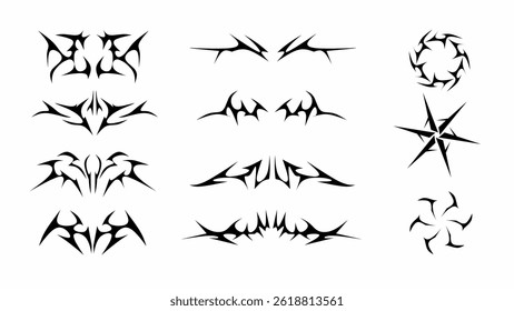 Neo tribal vector set elements, abstract radial, symmetrical shapes. Ideal for gothic y2k, grunge apparel, stickers, and surreal designs