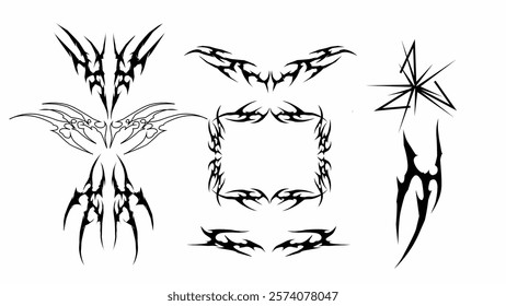 Neo tribal vector set with gothic Y2K border, abstract triangle, tattoo ornaments. Ideal for metal covers, grunge apparel, stickers, and surreal designs