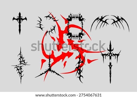 Neo tribal vector set with sharp gothic spikes and black metal style symbols, perfect for tattoos, dark logos, band merch, and extreme graphic design