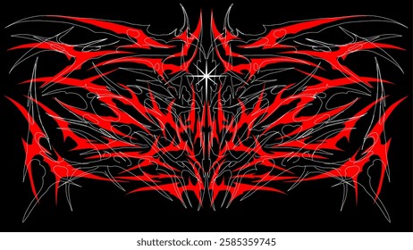 Neo tribal Y2K cyber sigil with sharp gothic symmetry in red and black, futuristic dark art