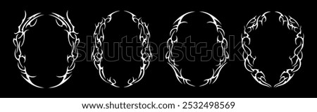 Neo tribal y2k frames set. Neotribal gothic style shape, futuristic abstract borders. Cyber sigilism vintage design elements. Celtic gothic body retro ornaments, emo oval forms for typography, tattoo