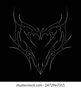 Neo tribal y2k gothic style tattoo. Cyber sigilism heart design. Outline vector illustration of black and white.