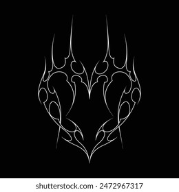 Neo tribal y2k gothic style tattoo. Cyber sigilism heart design. Outline vector illustration of black and white.