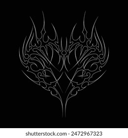 Neo tribal y2k gothic style tattoo. Cyber sigilism heart design. Outline vector illustration of black and white.