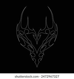Neo tribal y2k gothic style tattoo. Cyber sigilism heart design. Outline vector illustration of black and white.