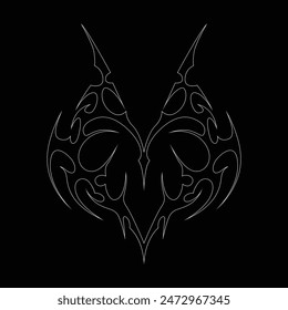 Neo tribal y2k gothic style tattoo. Cyber sigilism heart design. Outline vector illustration of black and white.