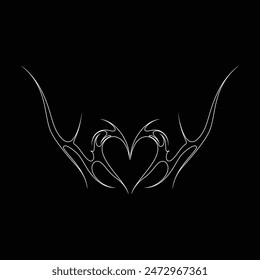 Neo tribal y2k gothic style tattoo. Cyber sigilism heart design. Outline vector illustration of black and white.