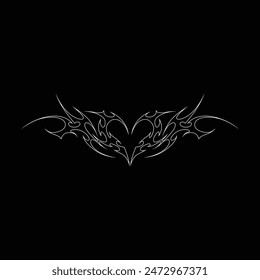 Neo tribal y2k tatuaje de estilo gótico. Diseño de corazón cibersigilismo. Contorno de Ilustración vectorial de blanco y negro.