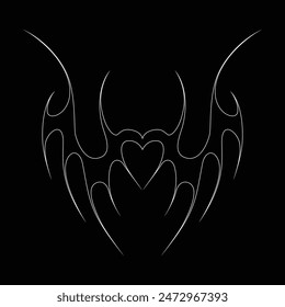 Neo tribal y2k gothic style tattoo. Cyber sigilism heart design. Outline vector illustration of black and white.