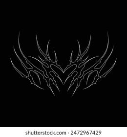 Neo tribal y2k gothic style tattoo. Cyber sigilism heart design. Outline vector illustration of black and white.