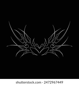 Neo tribal y2k gothic style tattoo. Cyber sigilism heart design. Outline vector illustration of black and white.