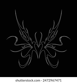 Neo tribal y2k gothic style tattoo. Cyber sigilism heart design. Outline vector illustration of black and white.