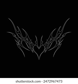 Neo tribal y2k gothic style tattoo. Cyber sigilism heart design. Outline vector illustration of black and white.