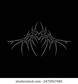 Neo tribal y2k gothic style tattoo. Cyber sigilism heart design. Outline vector illustration of black and white.