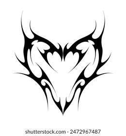 Neo tribal y2k gothic style tattoo. Cyber sigilism heart design. Vector illustration of black and white.