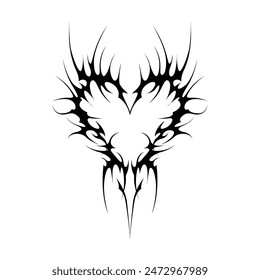 Neo tribal y2k gothic style tattoo. Cyber sigilism heart design. Vector illustration of black and white.