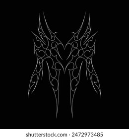 Neo tribal y2k gothic style tattoo. Cyber sigilism heart design. Outline vector illustration of black and white.