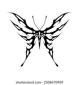 Neo tribal y2k gothic style tattoo. Cyber sigilism butterfly design. Vector illustration of black and white.