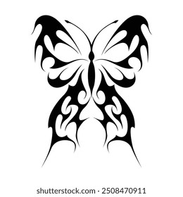 Neo tribal y2k gothic style tattoo. Cyber sigilism butterfly design. Vector illustration of black and white.