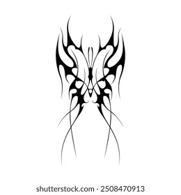 Neo tribal y2k gothic style tattoo. Cyber sigilism butterfly design. Vector illustration of black and white.