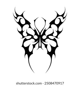 Neo tribal y2k gothic style tattoo. Cyber sigilism butterfly design. Vector illustration of black and white.