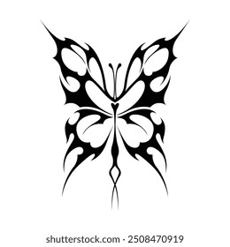 Neo tribal y2k gothic style tattoo. Cyber sigilism butterfly design. Vector illustration of black and white.