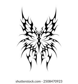 Neo tribal y2k gothic style tattoo. Cyber sigilism butterfly design. Vector illustration of black and white.