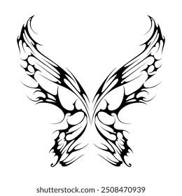 Neo tribal y2k gothic style tattoo. Cyber sigilism butterfly design. Vector illustration of black and white.