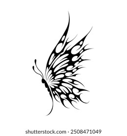 Neo tribal y2k gothic style tattoo. Cyber sigilism butterfly design. Vector illustration of black and white.