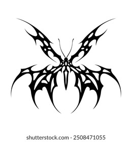 Neo tribal y2k gothic style tattoo. Cyber sigilism butterfly design. Vector illustration of black and white.