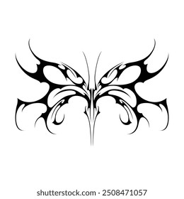 Neo tribal y2k gothic style tattoo. Cyber sigilism butterfly design. Vector illustration of black and white.