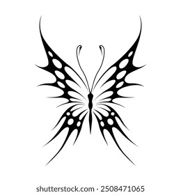 Neo tribal y2k gothic style tattoo. Cyber sigilism butterfly design. Vector illustration of black and white.