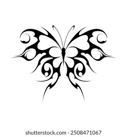 Neo tribal y2k gothic style tattoo. Cyber sigilism butterfly design. Vector illustration of black and white.