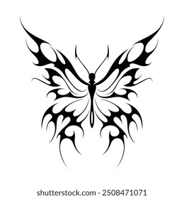 Neo tribal y2k gothic style tattoo. Cyber sigilism butterfly design. Vector illustration of black and white.