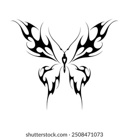 Neo tribal y2k gothic style tattoo. Cyber sigilism butterfly design. Vector illustration of black and white.