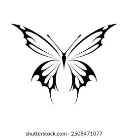 Neo tribal y2k gothic style tattoo. Cyber sigilism butterfly design. Vector illustration of black and white.