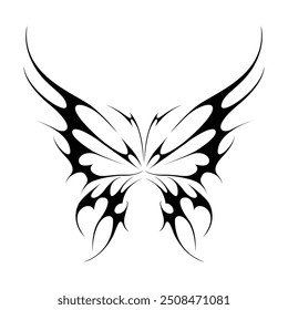 Neo tribal y2k gothic style tattoo. Cyber sigilism butterfly design. Vector illustration of black and white.