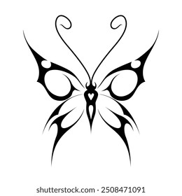 Neo tribal y2k gothic style tattoo. Cyber sigilism butterfly design. Vector illustration of black and white.