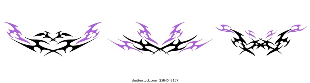 Neo tribal y2k gothic style tattoo Cyber sigilism spikes and sparks for streetwear print designs, spiky y2k aesthetic vector set