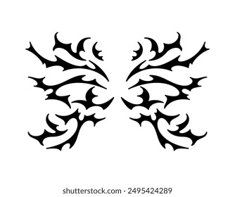 Neo tribal y2k tattoo, butterfly shape. Cyber sigilism style hand drawn ornaments. Vector illustration of black emo gothic tribal tattoo designs