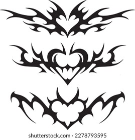 Neo tribal y2k tattoo with heart shape. Cyber sigilism style hand drawn ornaments. Vector illustration of black gothic tribal tattoo designs