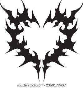 Neo tribal y2k tattoo with heart shape. Cyber sigilism style hand drawn ornaments. Vector illustration of black gothic tribal tattoo designs